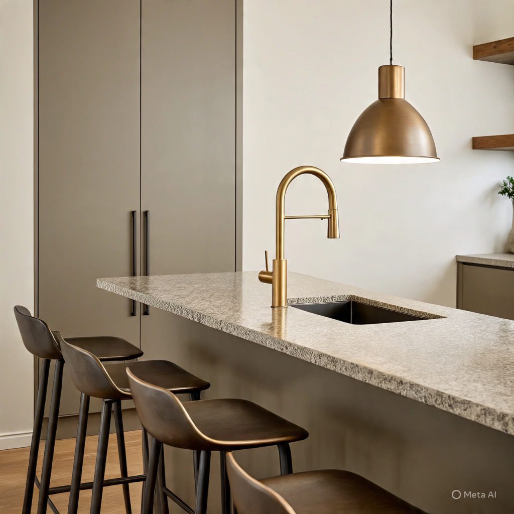 A modern kitchen island with a gold faucet and sink, surrounded by three dark bar stools, under a bronze pendant light.