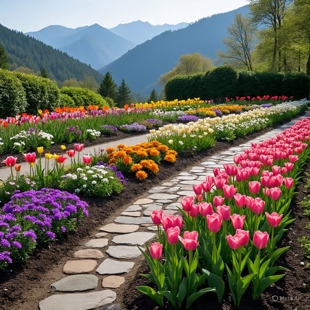A vibrant flower garden with colorful tulips and a large patch of purple flowers, likely asters or phlox, in the foreground.