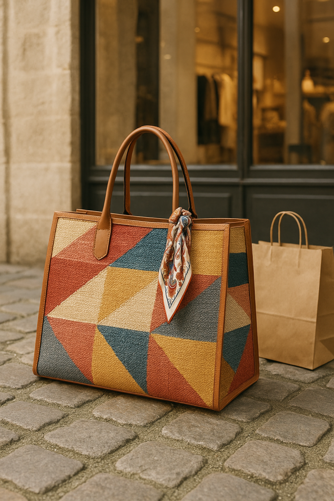A stylish women's handbag with a geometric pattern and a silk scarf, next to a brown paper shopping bag.