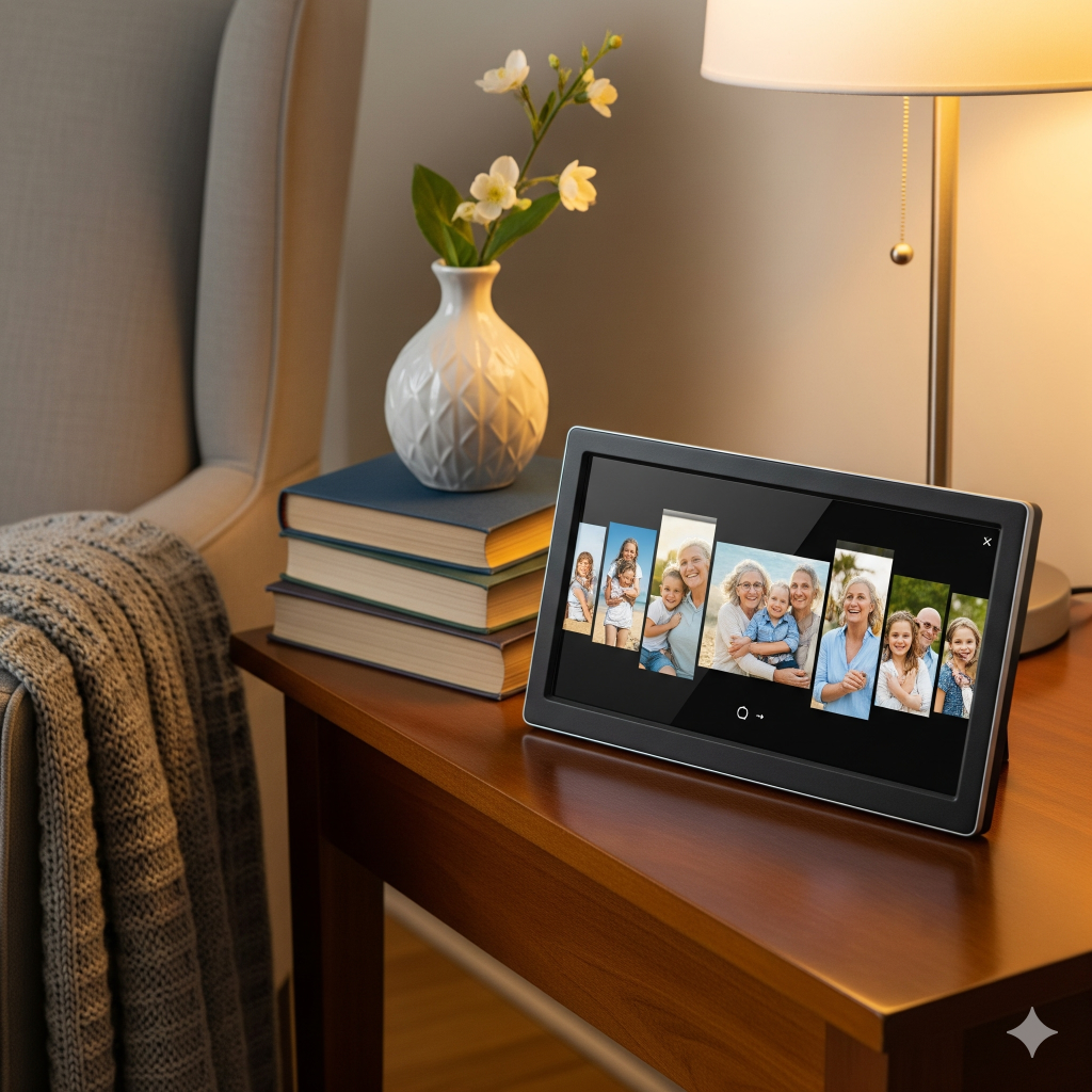 This image features a 10.1-inch WiFi digital picture frame, likely the Uhale or a similar model, displaying a collage of family photos.