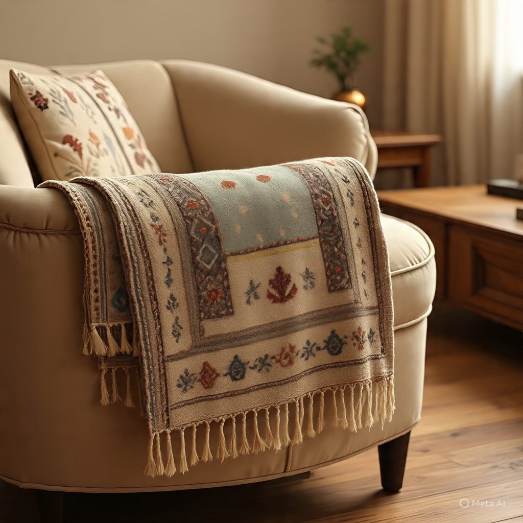 A beige armchair with a decorative throw blanket featuring embroidered patterns and fringes, and a matching throw pillow.