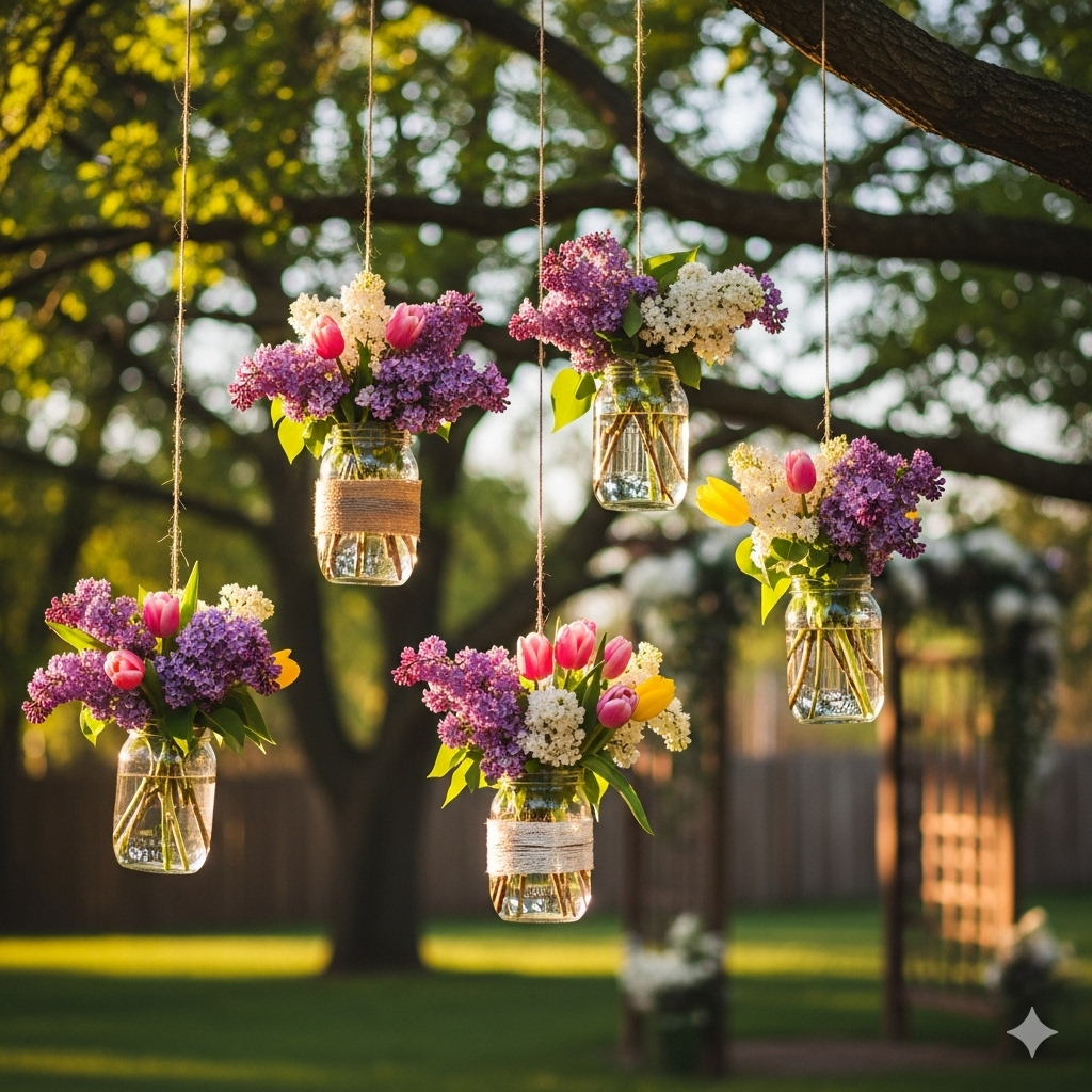 Perfect Flower Arrangements
Mason jars filled with purple lilacs and pink and yellow tulips hanging from a tree branch.