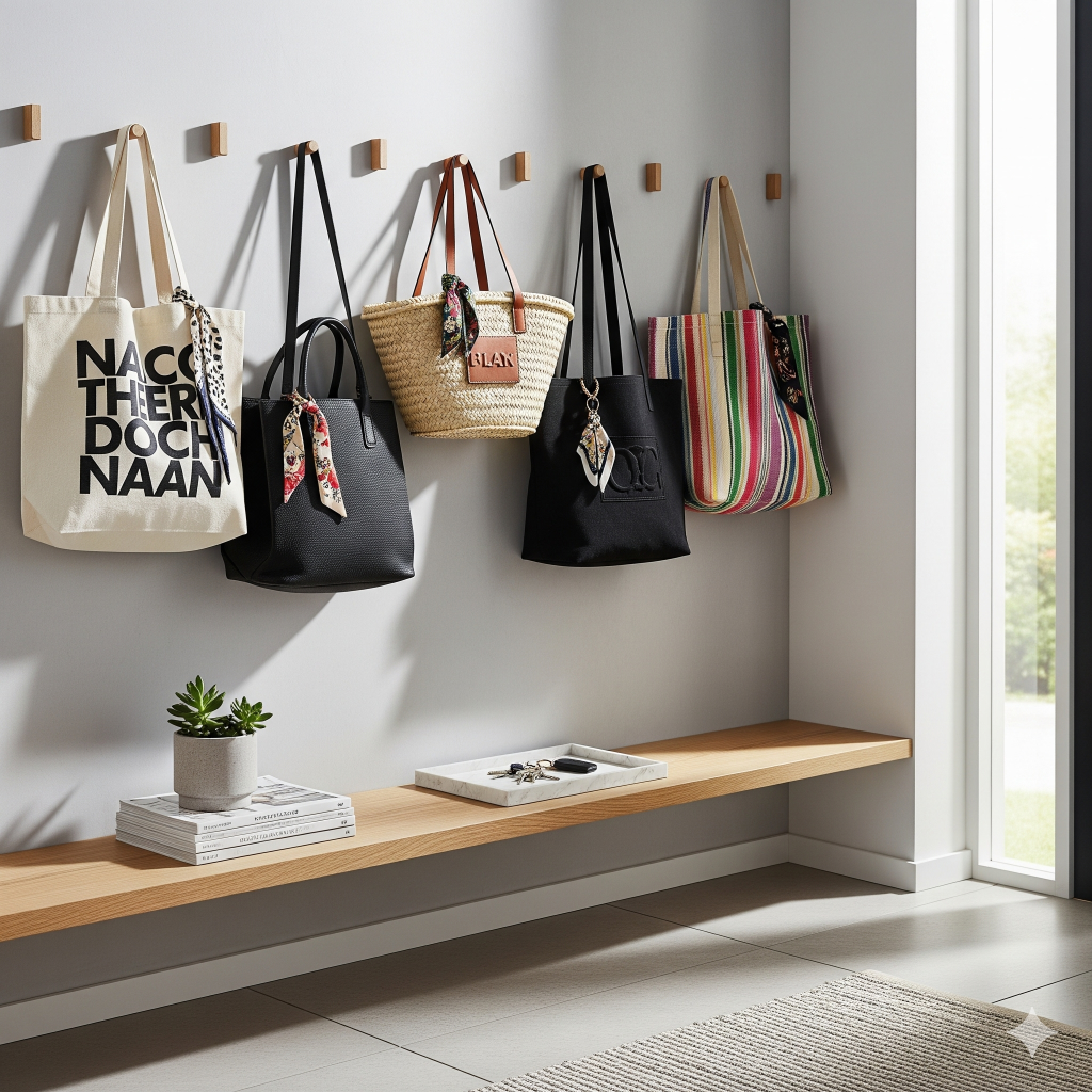 Five assorted bags, including tote bags and a straw basket bag, hang on wall hooks above a wooden shelf with a small potted plant and a tray holding keys.