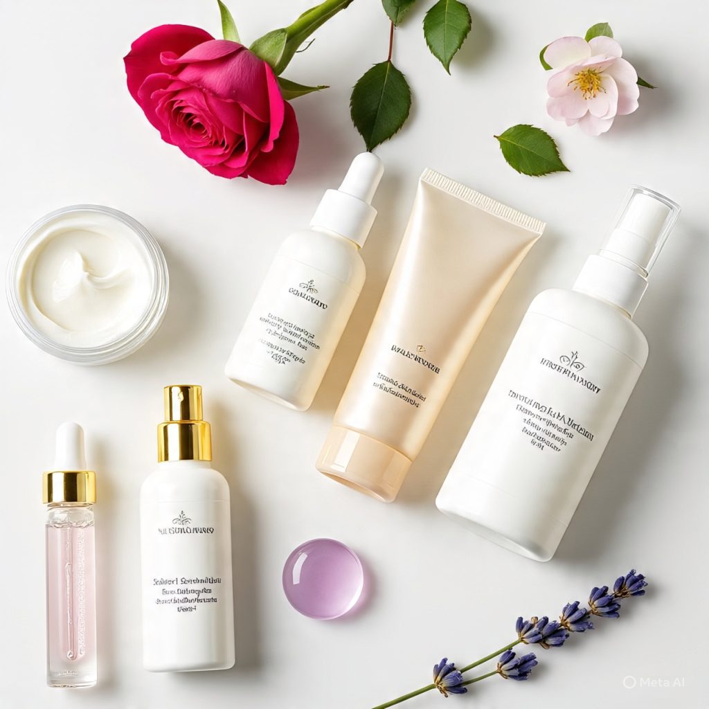 A flat lay image featuring various skincare products (jar of cream, serum bottle, tube, spray bottle) alongside pink and white roses and green leaves on a white background.