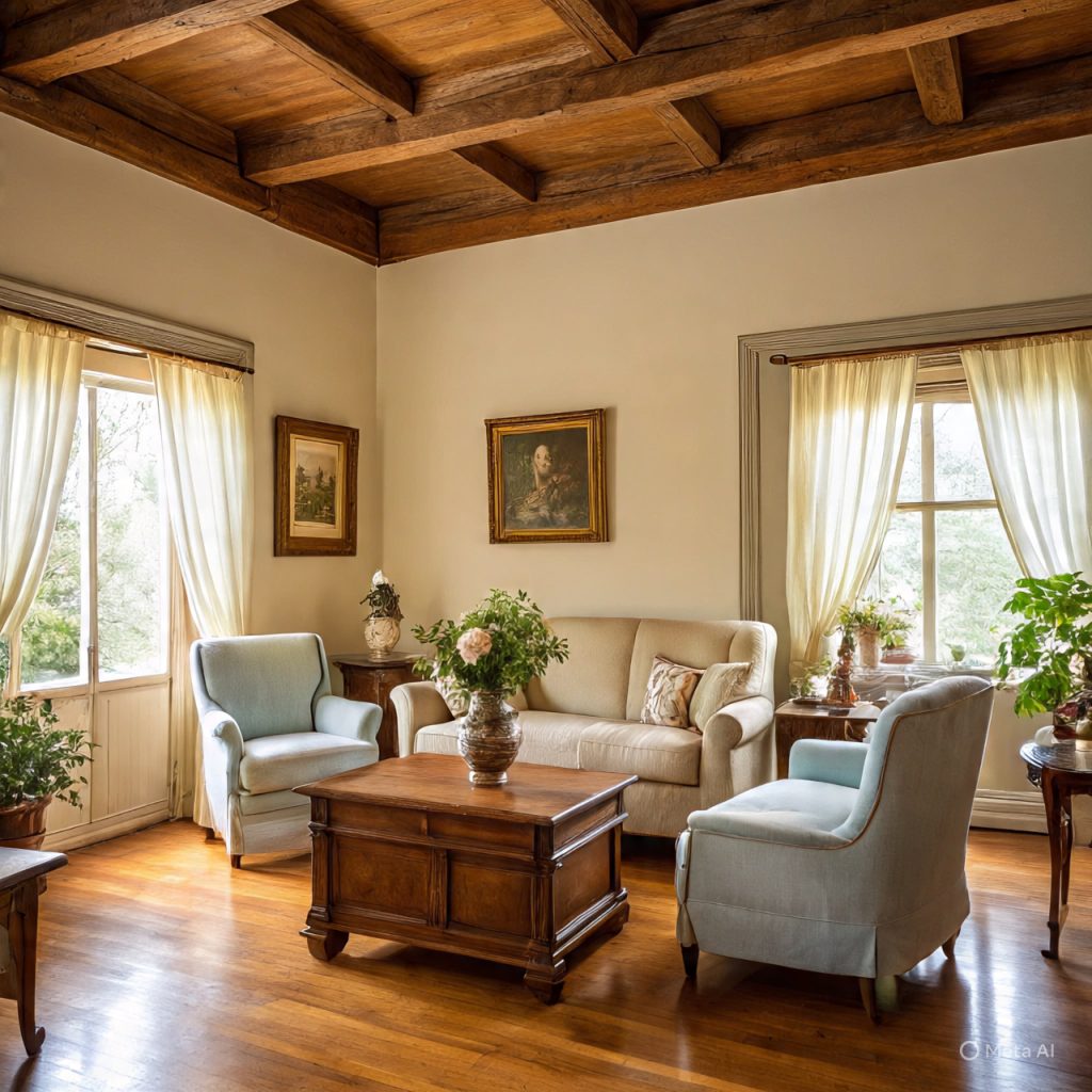 A well-furnished living room with a sofa, two armchairs, a coffee table, and framed artwork on the walls.