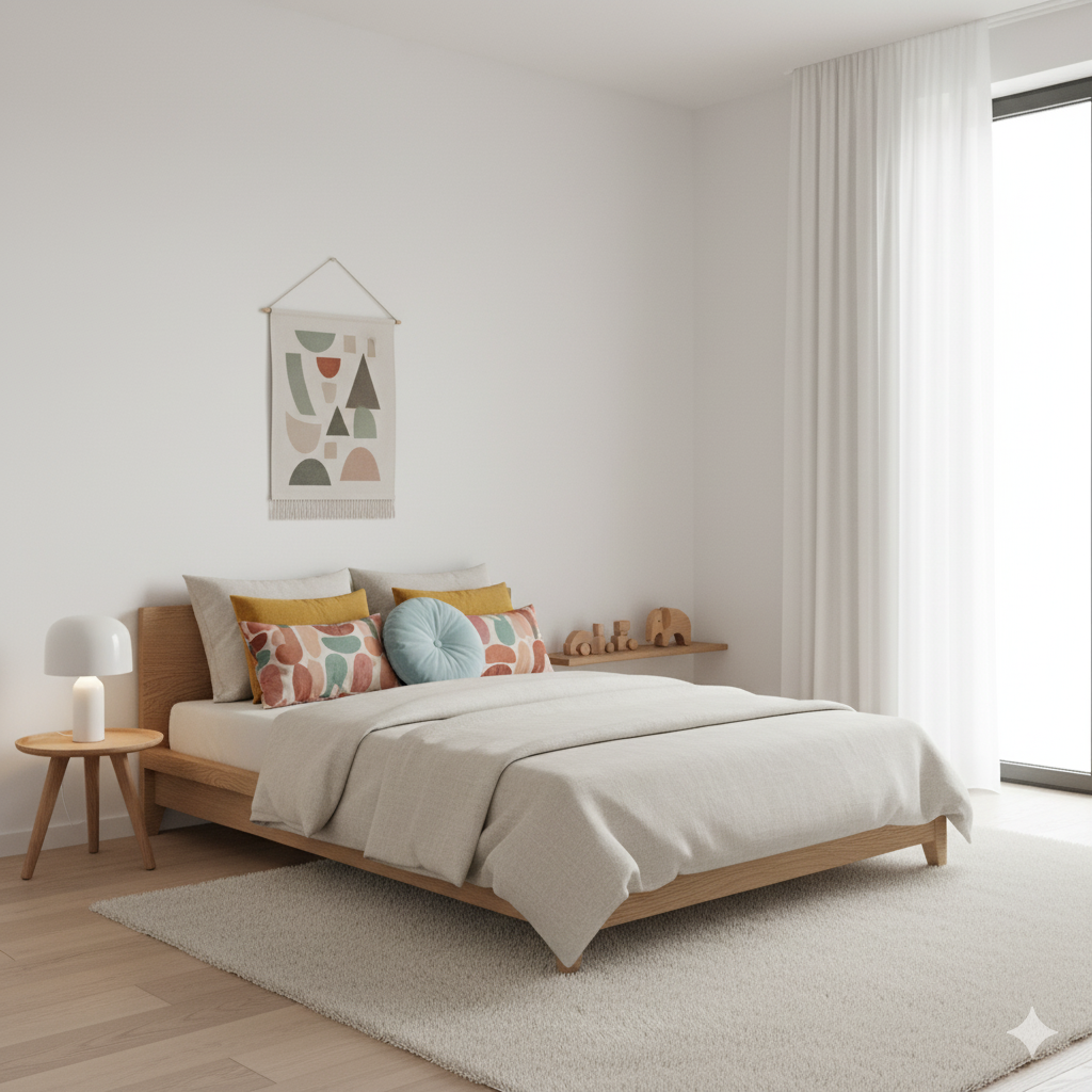 Kids’ bedrooms in a modern house featuring a minimalist design with a wooden bed frame, neutral bedding, patterned wall hanging, bedside table with a lamp, and sheer-curtain window.