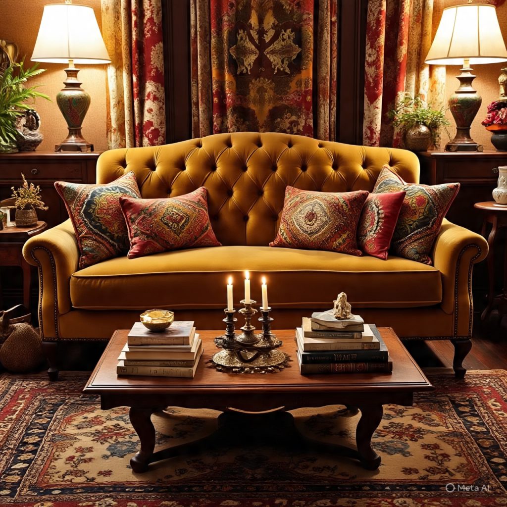Bohemian Living Room Design
A cozy living room with a tufted mustard-yellow sofa, patterned throw pillows, a wooden coffee table with books and a candelabra, and decorative accents.