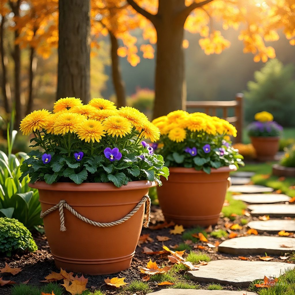 Potted yellow chrysanthemums and purple pansies in a garden with stepping stones and fallen leaves.
