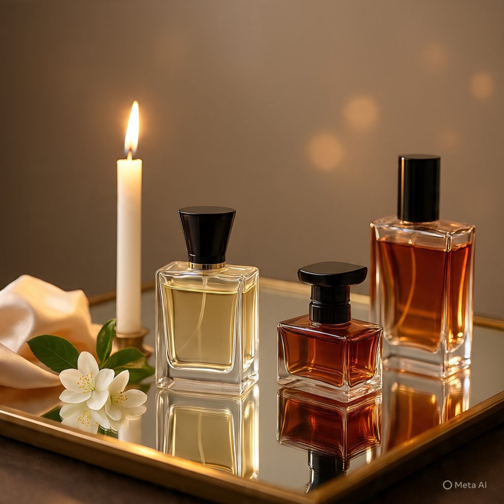Three perfume bottles on a reflective surface with a lit candle and white flowers, suggesting a luxurious fragrance display. 
