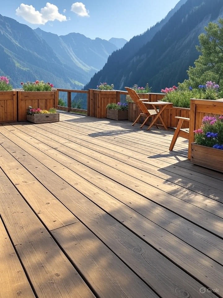 A wooden deck with flower boxes and outdoor furniture overlooking a mountain range.