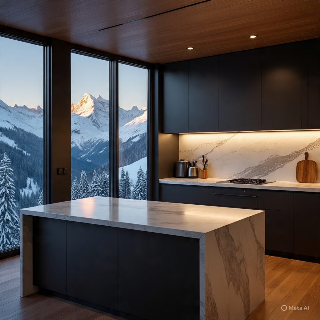 Modern kitchen with dark cabinetry, marble countertops, and an island, featuring large windows showcasing a snowy mountain landscape with pine trees.