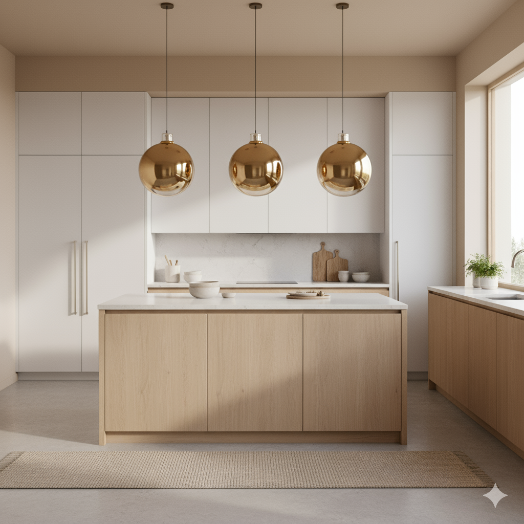 A modern kitchen with white cabinets, light wood accents, an island, and three metallic pendant lights. 