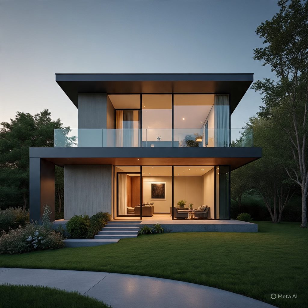 A modern two-story house with large glass windows and a balcony, surrounded by green grass and trees.