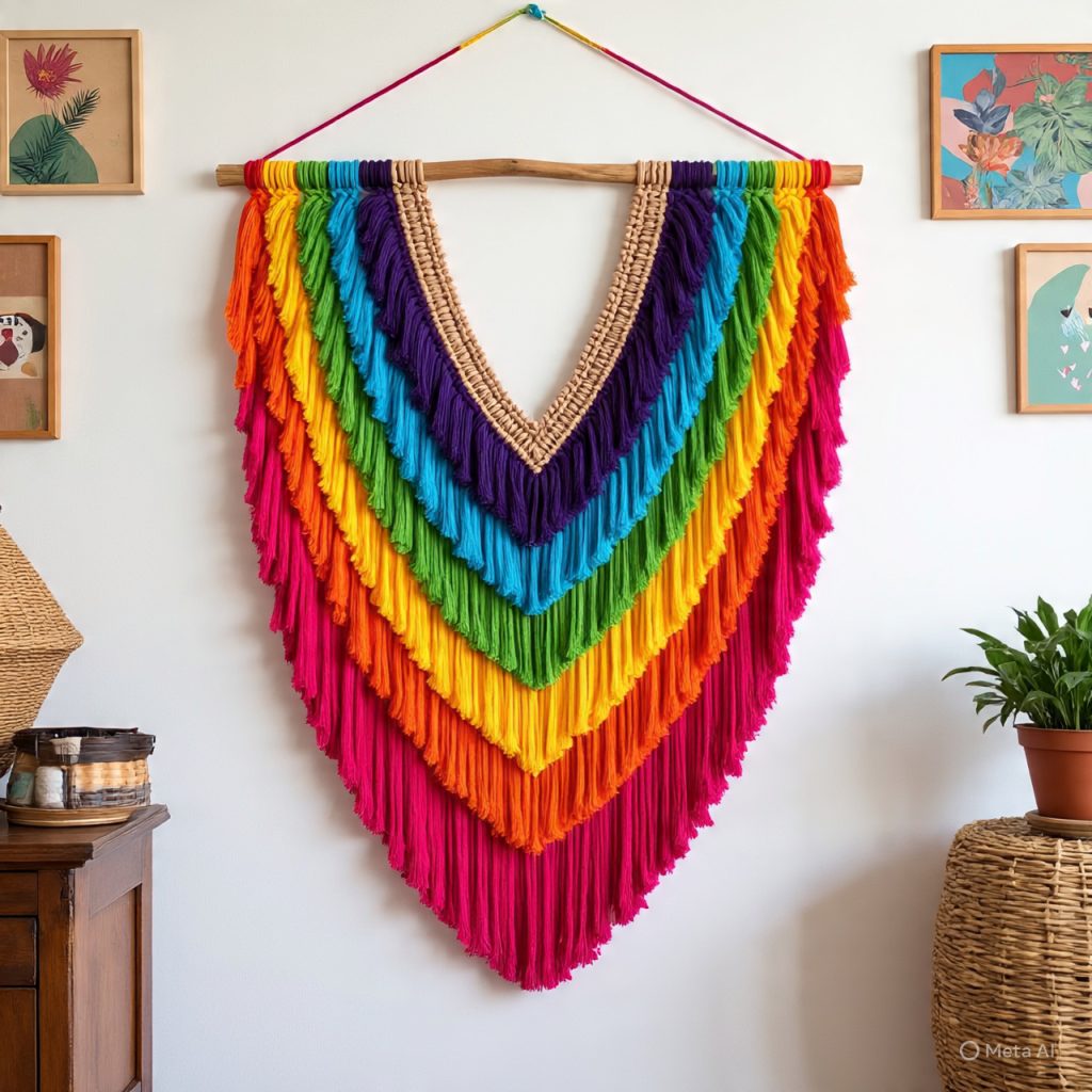 Colorful V-shaped macrame wall hanging with rainbow-colored fringes on a wooden dowel.
