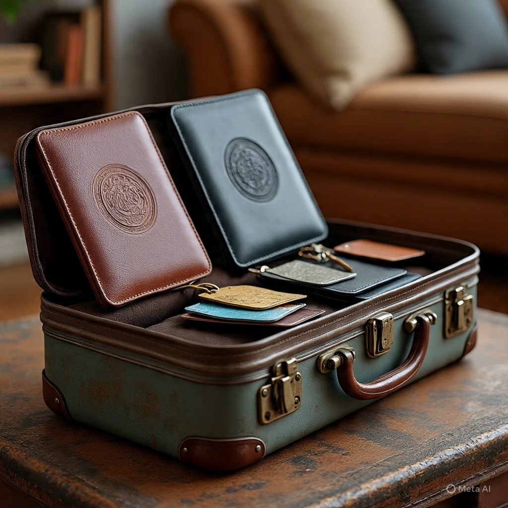 An open suitcase containing various leather items, including wallets and keychains.
