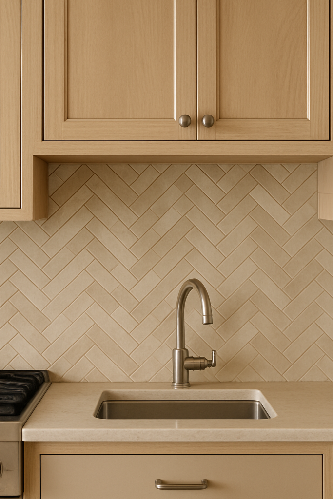 A kitchen sink with a brushed nickel faucet and a beige herringbone tile backsplash. 