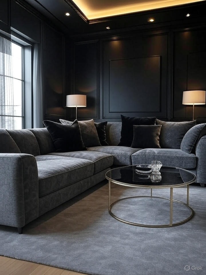 A modern living room with a grey sectional sofa, black accent pillows, a round coffee table with a glass top, and two floor lamps with white shades.