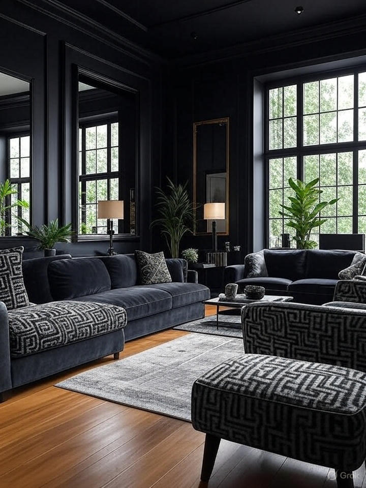 A modern black drawing room with dark sofas, large windows, and green plants.
