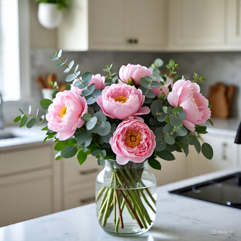 A bouquet of pink peonies and eucalyptus in a clear glass vase on a kitchen counter. 
