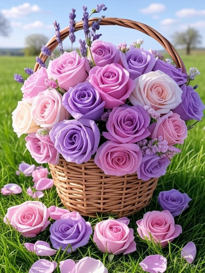  A vibrant bouquet of yellow sunflowers and blue hydrangeas arranged in a rustic wooden basket.