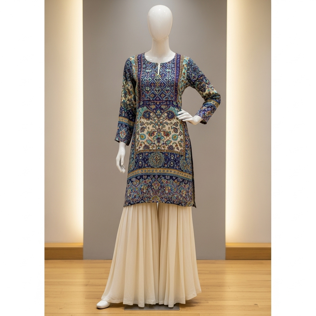 Mannequin wearing a long-sleeved, patterned blue and cream kurta with flared cream trousers.
