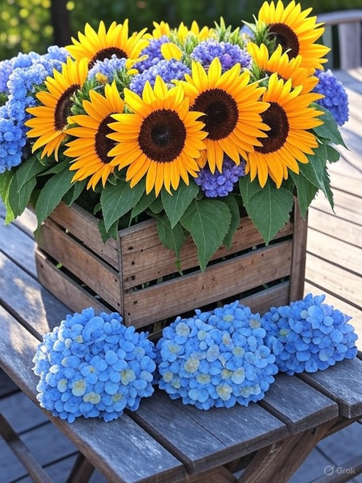 A bouquet of bright yellow sunflowers and vibrant blue flowers, possibly hydrangeas or asters, arranged in a rustic wooden container. 