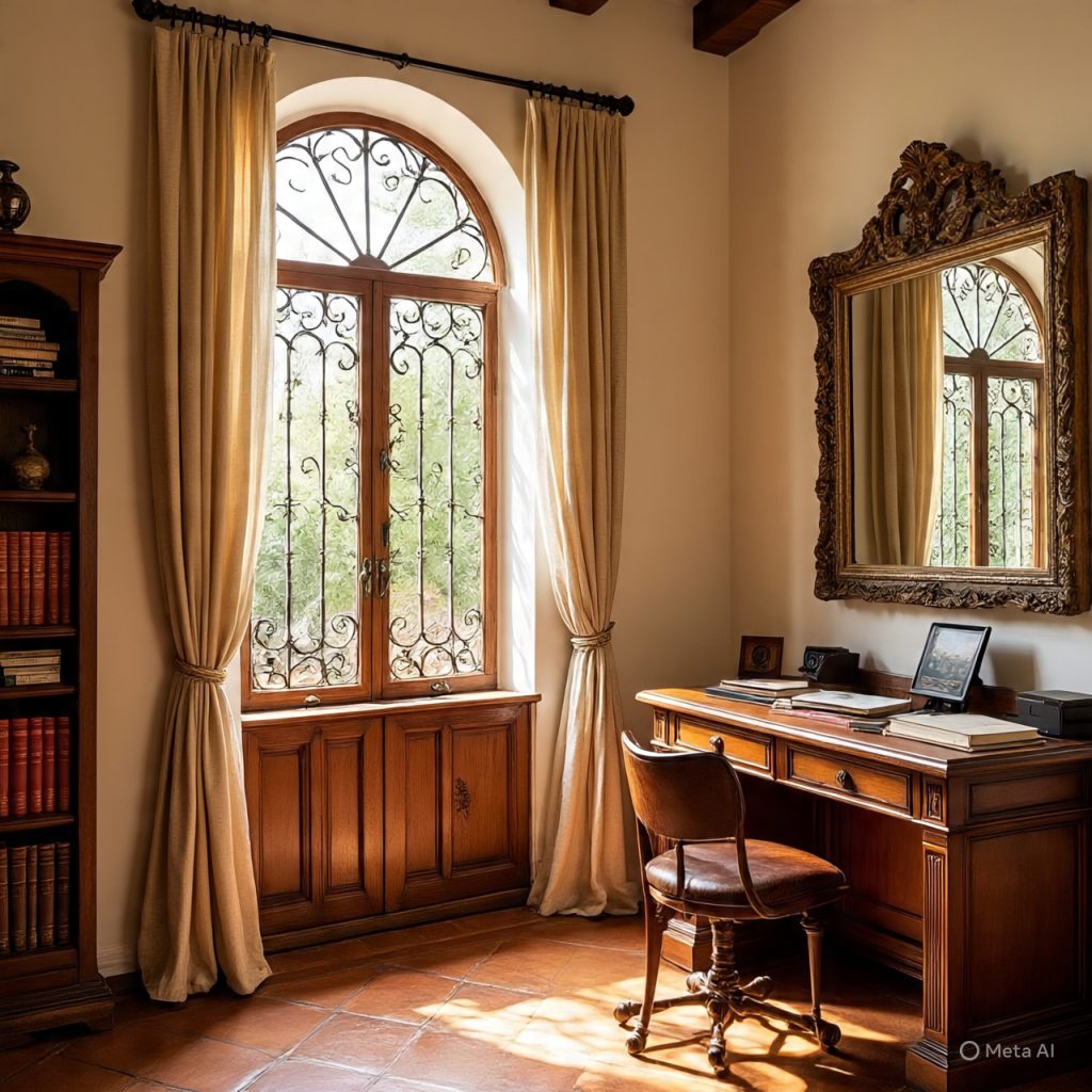 A classic study or office room with a large arched window, a wooden desk and chair, and a decorative mirror.