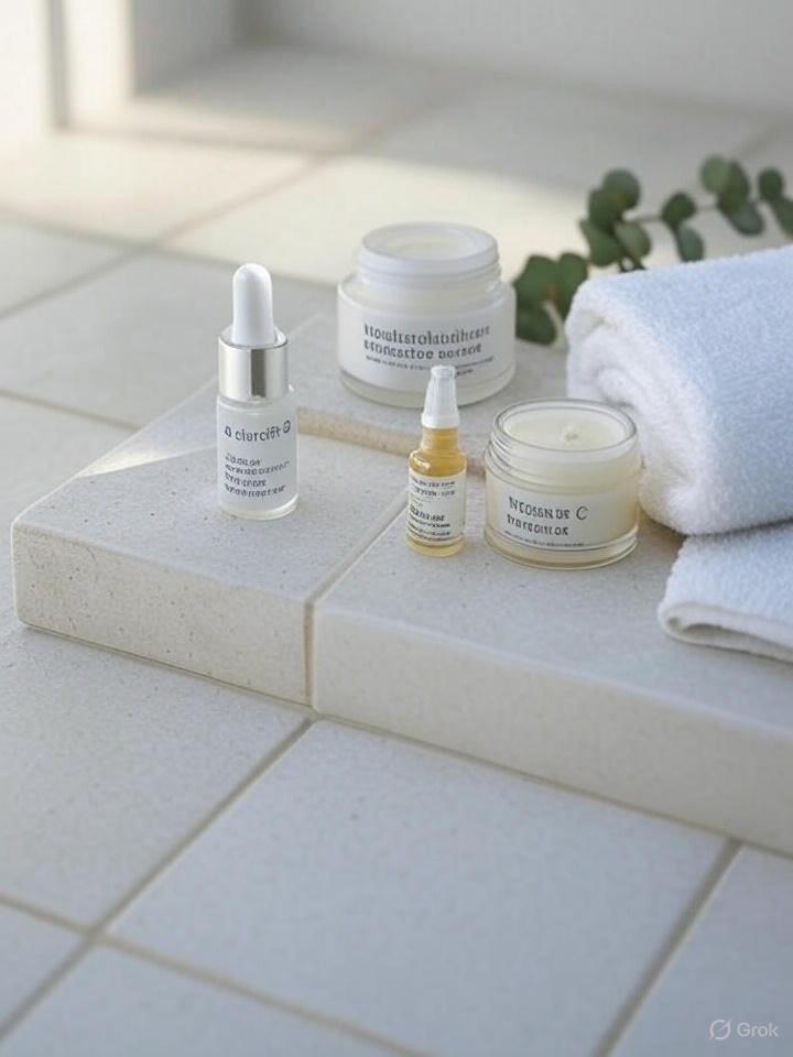 "Assortment of skincare or cosmetic products, including jars and droppers, on a white textured surface." 