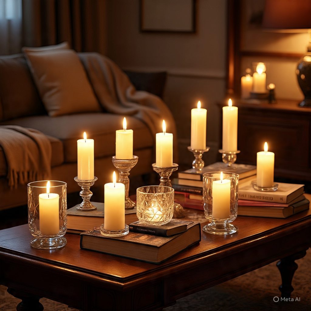 A cozy living room scene with multiple lit pillar candles and votives on a coffee table and in the background, casting a warm, inviting glow, with books and a sofa visible.