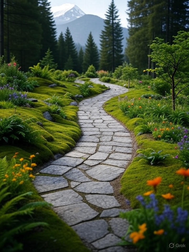 A winding stone path through a lush green garden with moss and colorful flowers.