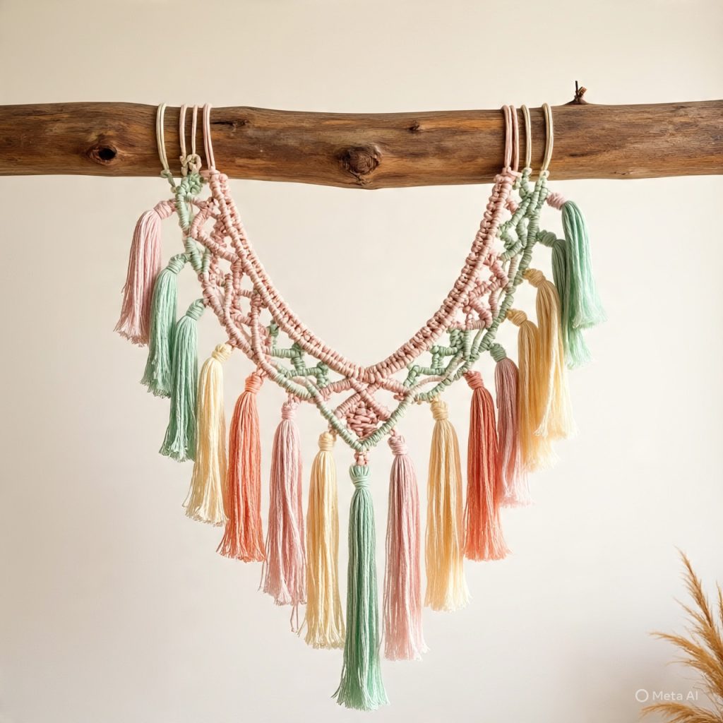 A macrame wall hanging with pastel-colored tassels (pink, mint green, peach, yellow) suspended from a wooden branch. 