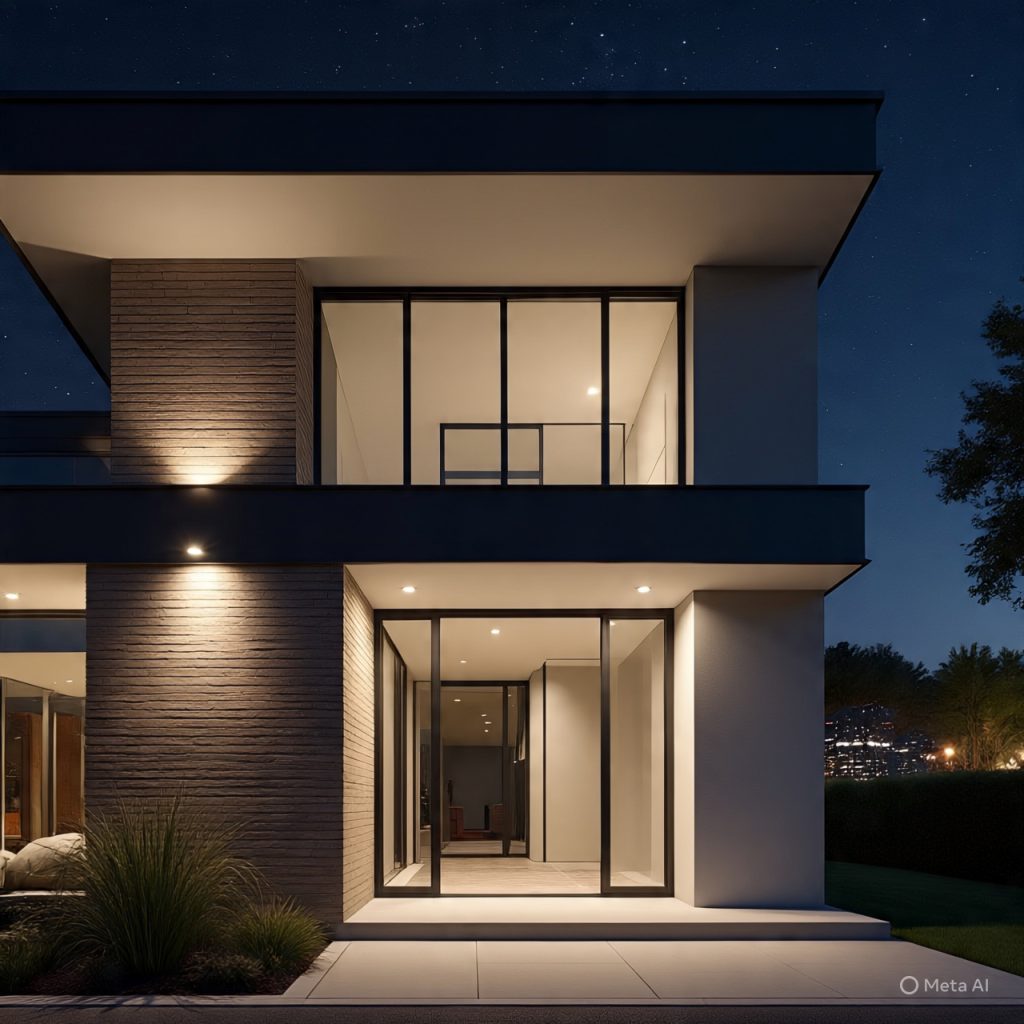 A modern house exterior at dusk, featuring large glass windows and an illuminated entrance.