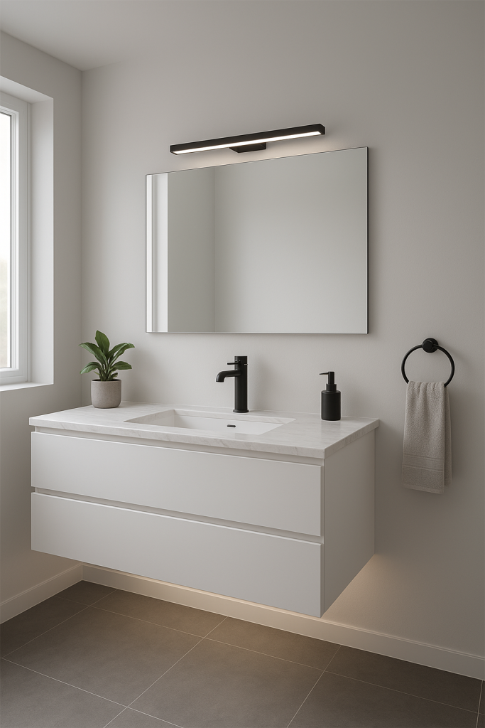 A modern bathroom vanity with a rectangular mirror, a black LED light bar above it, a black faucet, a black soap dispenser, a small potted plant, and a black towel ring with a grey towel.