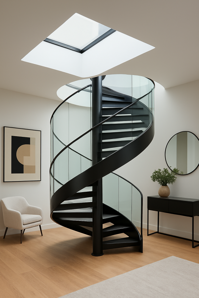 Staircase Design Ideas
A modern black spiral staircase with glass railing in a bright interior.