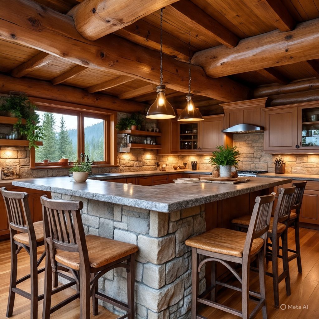 A rustic kitchen with a large stone-based island, wooden beams, and pendant lights, featuring a window overlooking a forest.