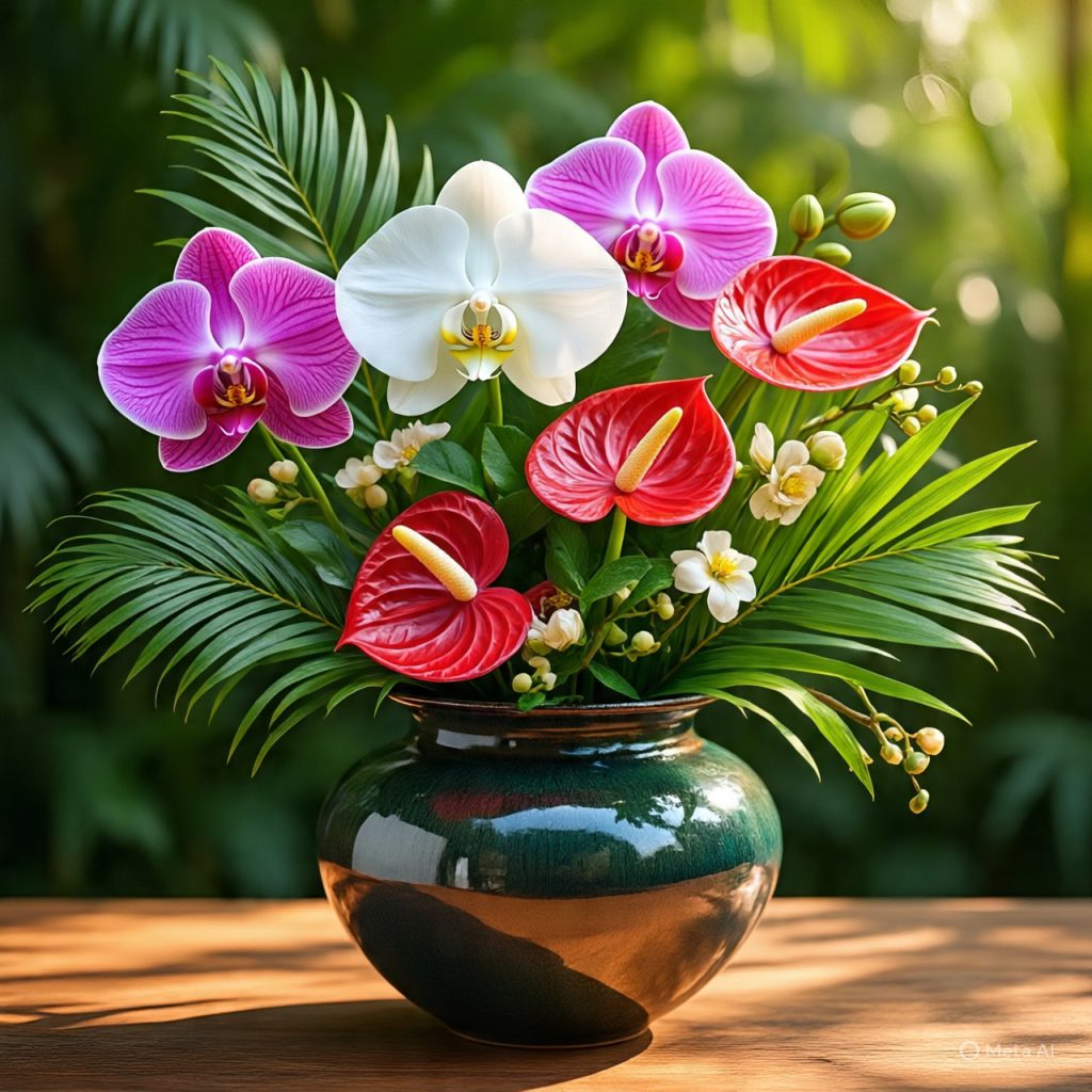A vibrant floral arrangement featuring purple and white orchids, red anthuriums, and green foliage in a dark green vase. 