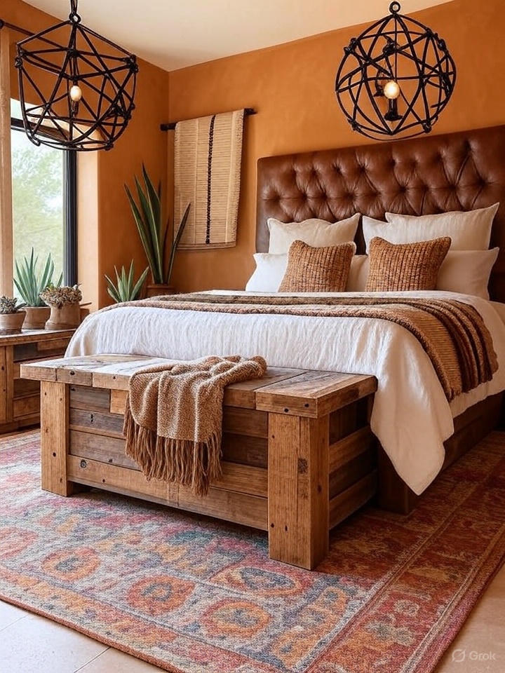 A bedroom with a brown tufted headboard, orange walls, white bedding, and two large, spherical black pendant lights.