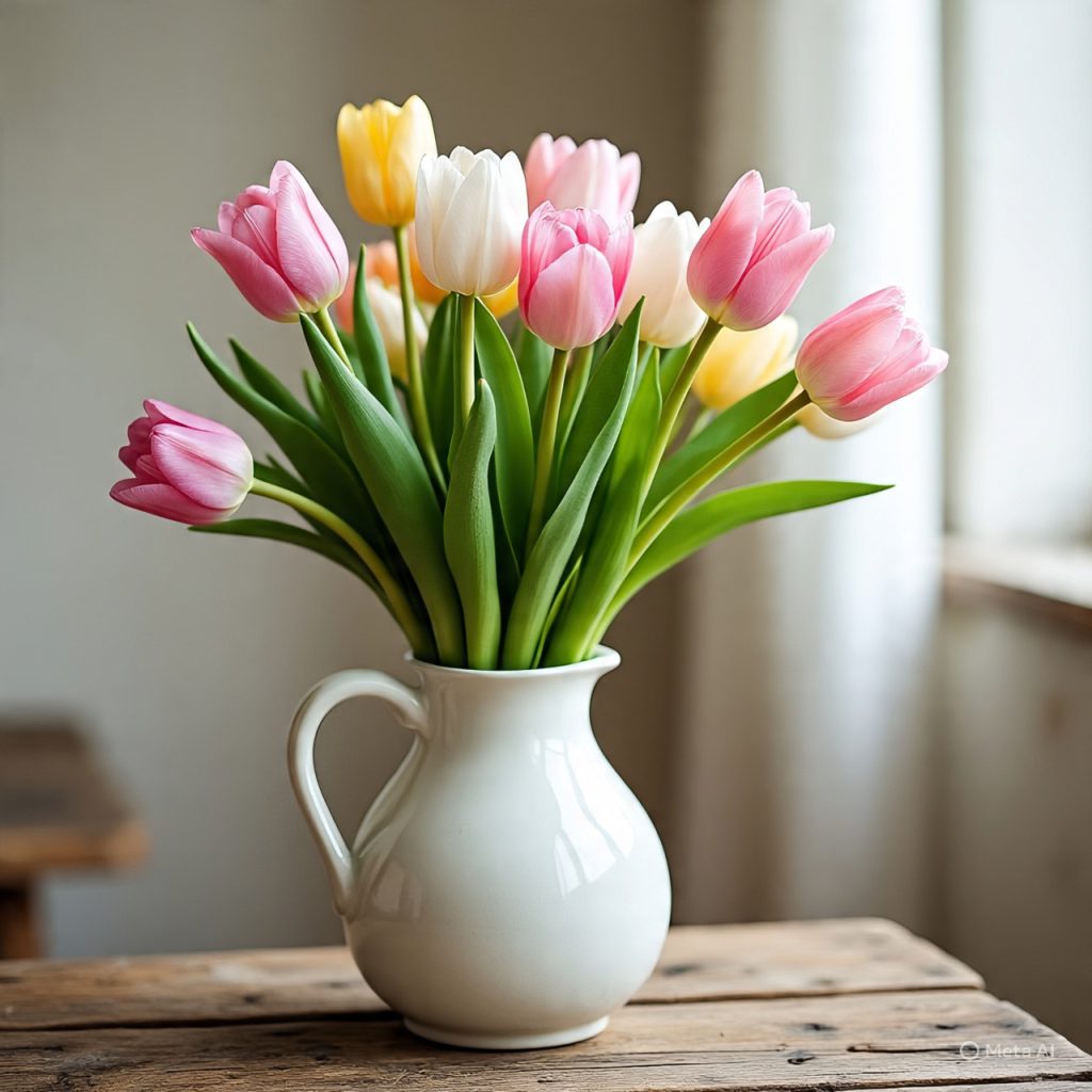 Bouquet of pink, white, and yellow tulips in a white vase. 