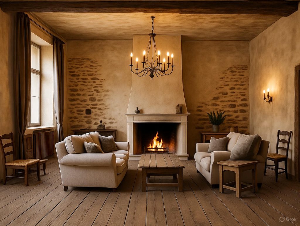 A rustic living room with a lit fireplace, two sofas, a coffee table, and exposed stone walls.