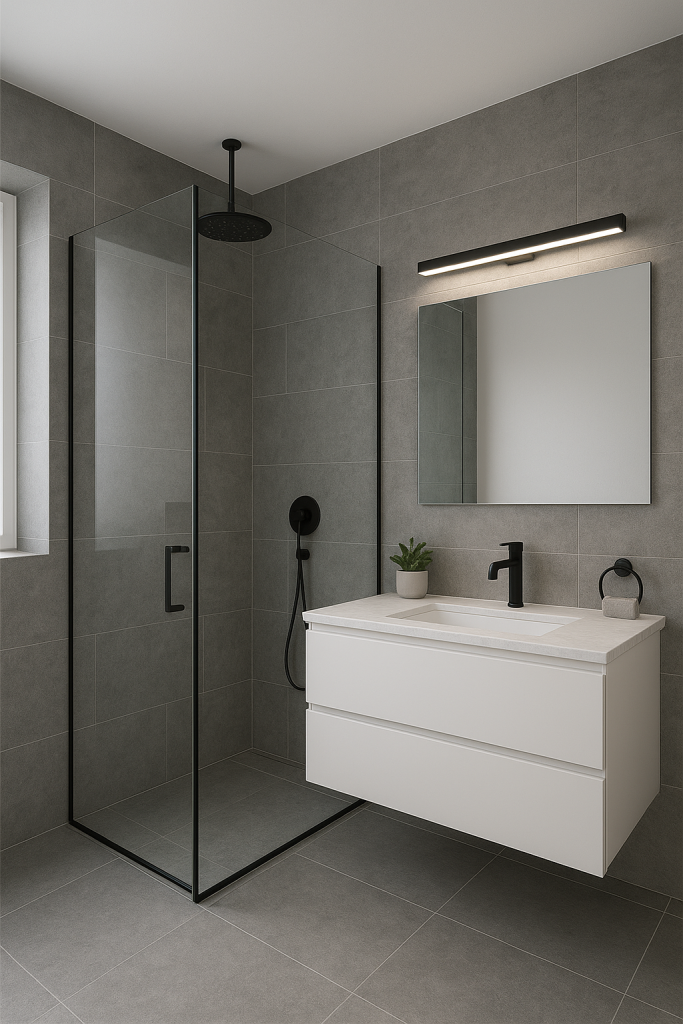 A modern bathroom with a glass shower enclosure, a vanity with a white sink, a mirror, and a black LED light fixture above the mirror.