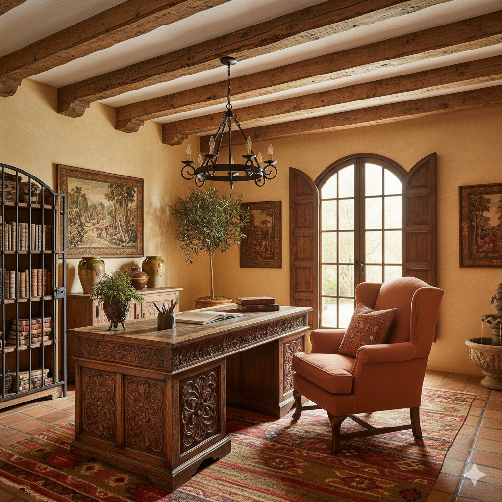 A cozy, traditional study or office with a large wooden desk, a comfortable armchair, a bookshelf, and a large arched window with shutters, all under a beamed ceiling.