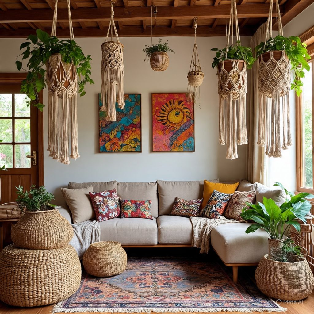 Bohemian Living Room Design
A cozy living room with a beige sectional sofa, colorful throw pillows, two vibrant abstract paintings on the wall, and multiple hanging macramé plant holders with lush greenery.