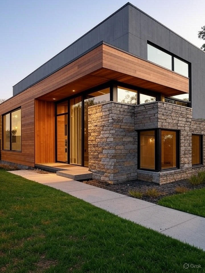 A modern house with a mix of wood siding, dark gray panels, and stone accents, featuring large windows and a prominent entrance. 