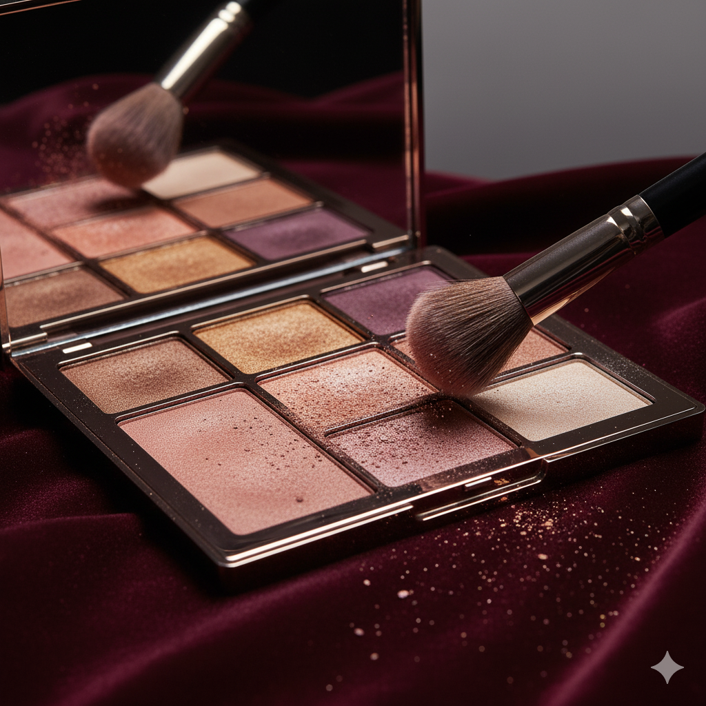 A close-up of an open eyeshadow palette with a makeup brush resting on it.