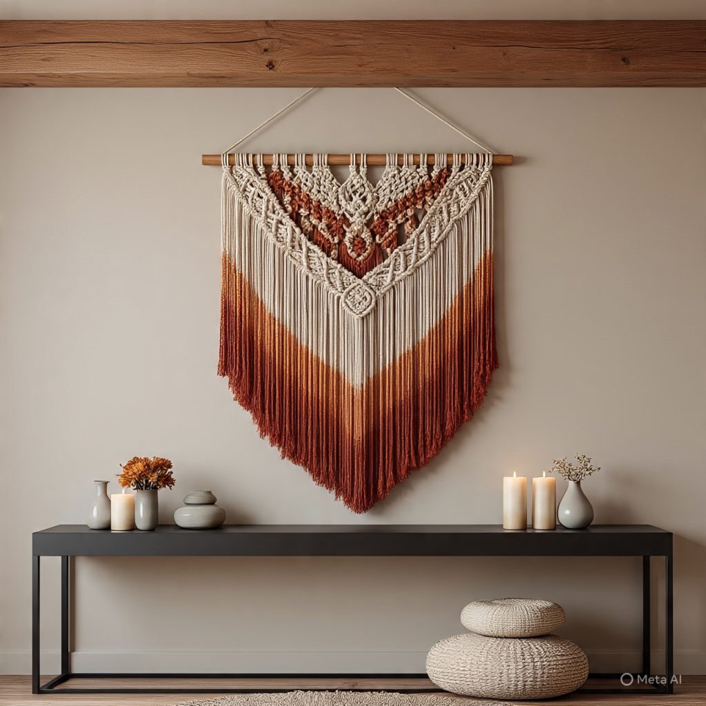 A beige, orange, and brown macrame wall hanging with intricate patterns, suspended above a dark console table decorated with candles and small vases. 