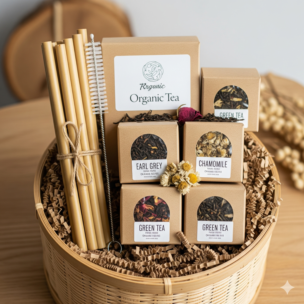 A gift basket containing various organic loose-leaf teas (Earl Grey, Chamomile, Green Tea) in small boxes, along with bamboo straws and a cleaning brush, presented in a wicker basket filled with shredded paper.