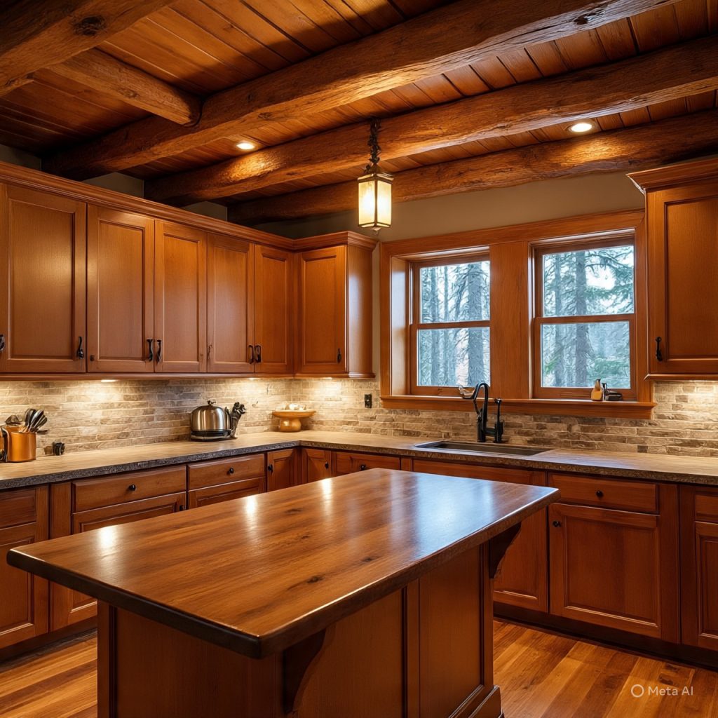 A modern kitchen with warm wooden cabinets and a large wooden island featuring a butcher block countertop. 