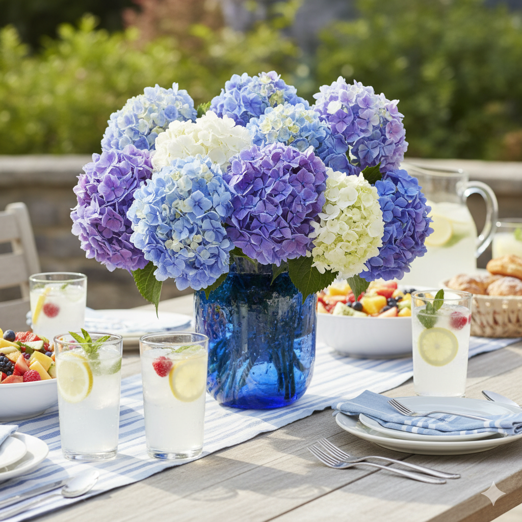 Perfect Flower Arrangements
A vibrant bouquet of blue, purple, and white hydrangeas in a blue vase on an outdoor dining table set with drinks and fruit salads.