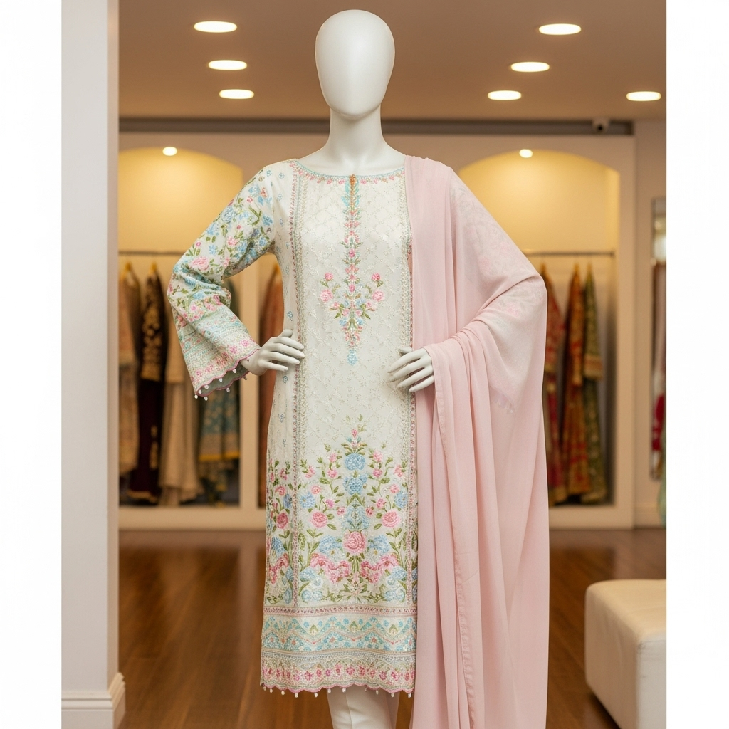 Mannequin wearing a white embroidered dress with floral patterns and a pink dupatta.