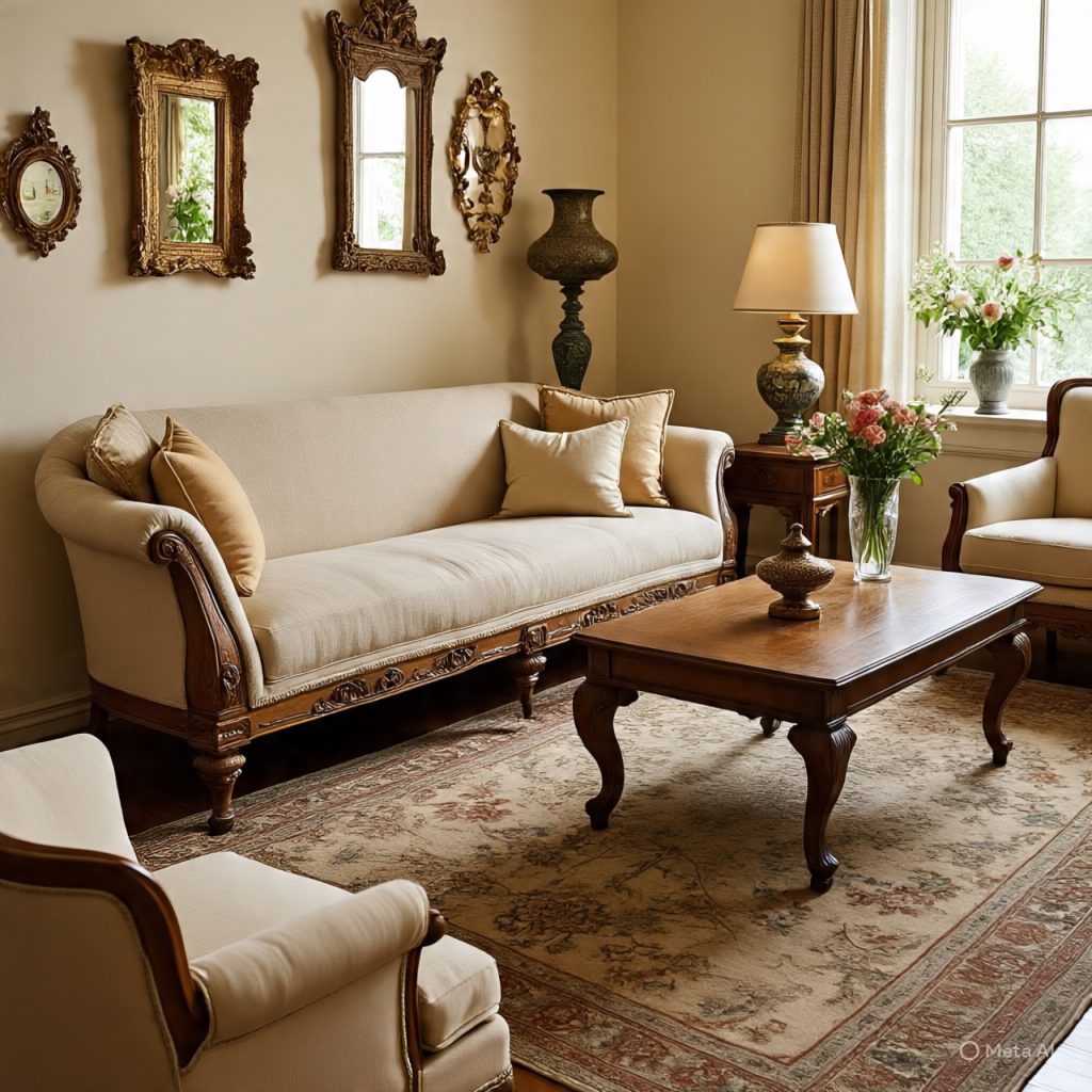 A classic living room with a long beige sofa, wooden coffee table, ornate mirrors, and a floral arrangement. 